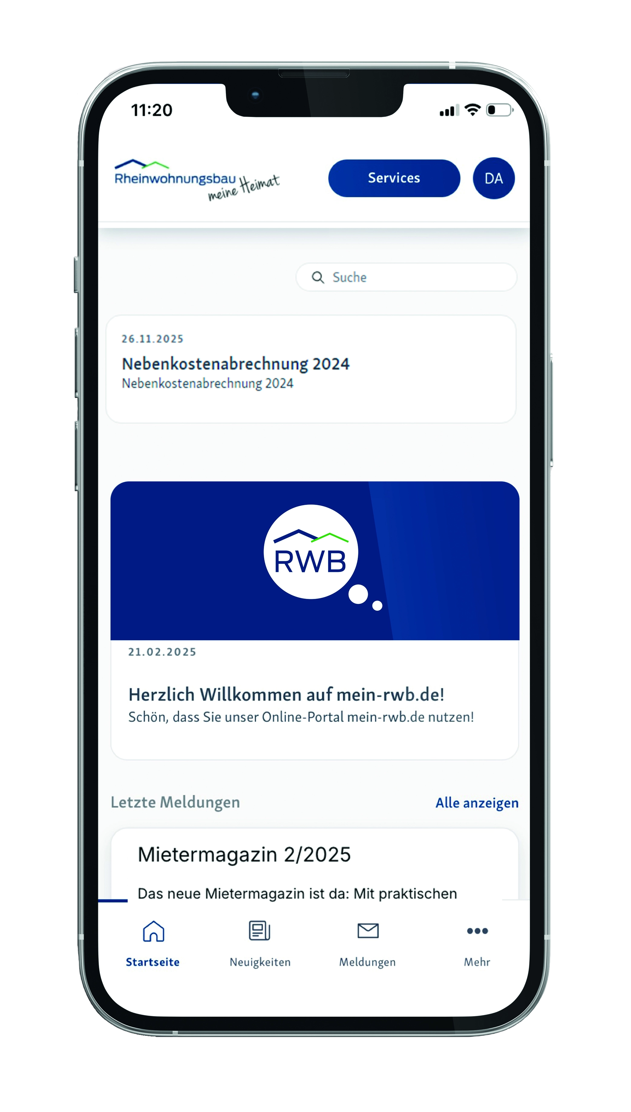 Startseite des Mieterportals mein-rwb.de auf dem Smartphone